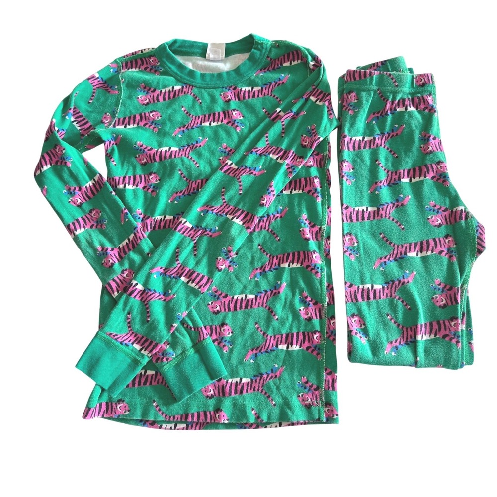 Hanna Andersson 160 Pajama Set Kids 14 Green Pink Tiger Print Organic Cotton